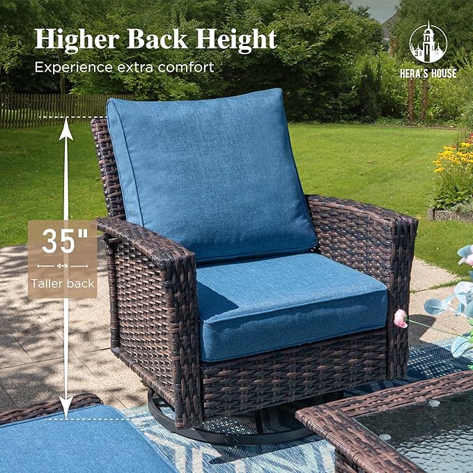 Oversized Patio Wicker Chairs, High Back Outdoor Swivel Chairs Set of 2 with Rattan Side Table, 5.5" Thick Cushions, 3-Piece Patio Furniture Sets for Deck Porch Pool, Brown/Blue
