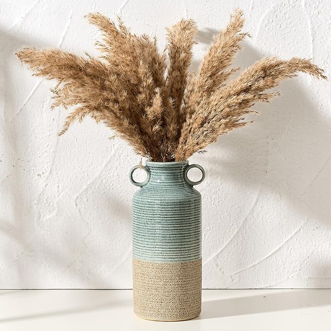 Blue and Brown Ceramic Rustic Vase with 2 Round Handles, Modern Farmhouse Flower Vase, Vintage Terracotta Vases for Home Decor, Wedding, Living Room, Table, Shelf Decor - 9.5 Inch Tall