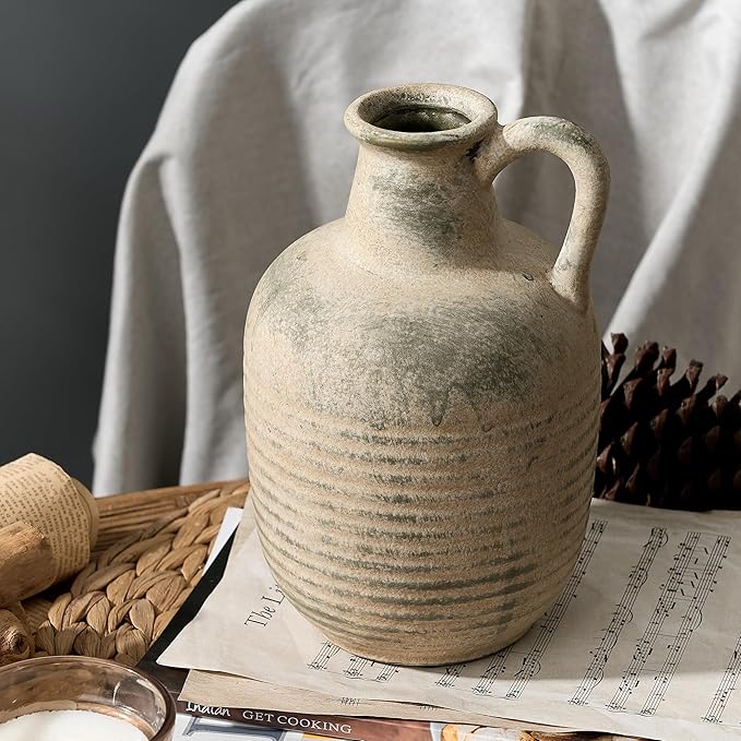 SIDUCAL Rustic Ceramic Farmhouse Flower Vase with 1 Handle-Height 8.43" Terracotta Vase, Unique Textured Pottery Flower Vases for Home Decor, Table, Wedding, Living Room, Shelf Decor, Terra