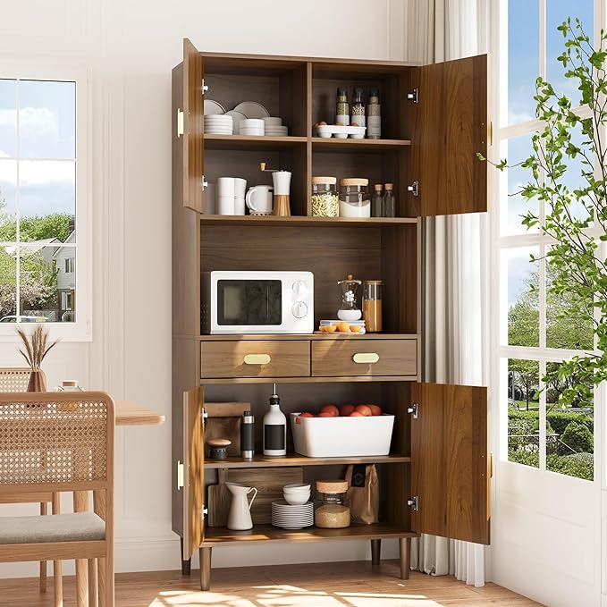 Smuxee 70.87" Walnut Kitchen Pantry Cabinet, Tall Food Pantry Cabinet with Line Groove Design, Kitchen Hutch with Microwave Stand for Dining Room Living Room