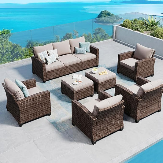 Patio Furniture Set Outdoor Furniture Brown Wicker Rattan Patio Conversation Sets with Cushion Outside Sofa Set,7 Pieces 9 Seats,Beige