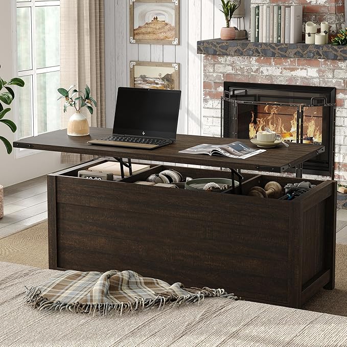 47.3'' Lift Top Coffee Table Rectangle Farmhouse Coffee Table with Storage Rustic Center Table with Sliding Barn Doors for Living Room, Home, Dark Brown