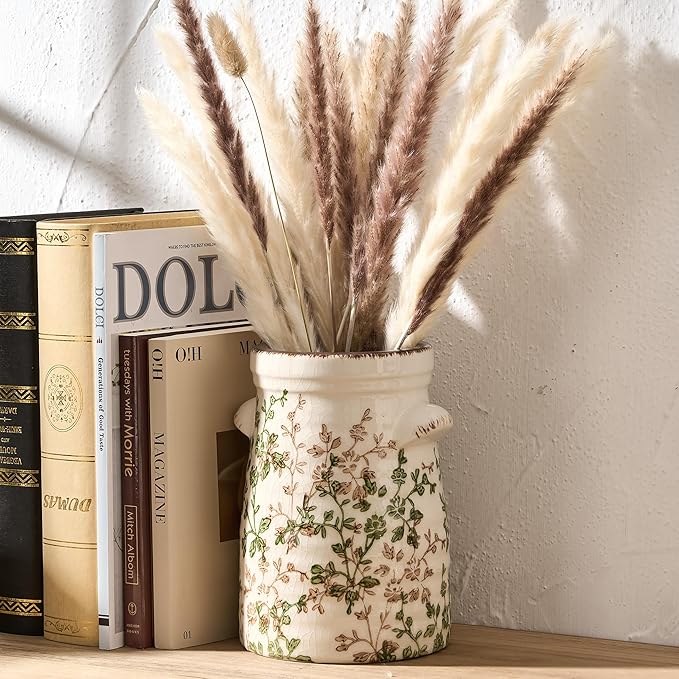 SIDUCAL Ceramic Green and Beige Retro Vase with Two-Ear, 7.6 Inch Ice Cracked Vintage Pastoral Vase, Rustic Farmhouse Vases for Home Decor, Table, Living Room, Shelf Decor, Chinoiserie Decor