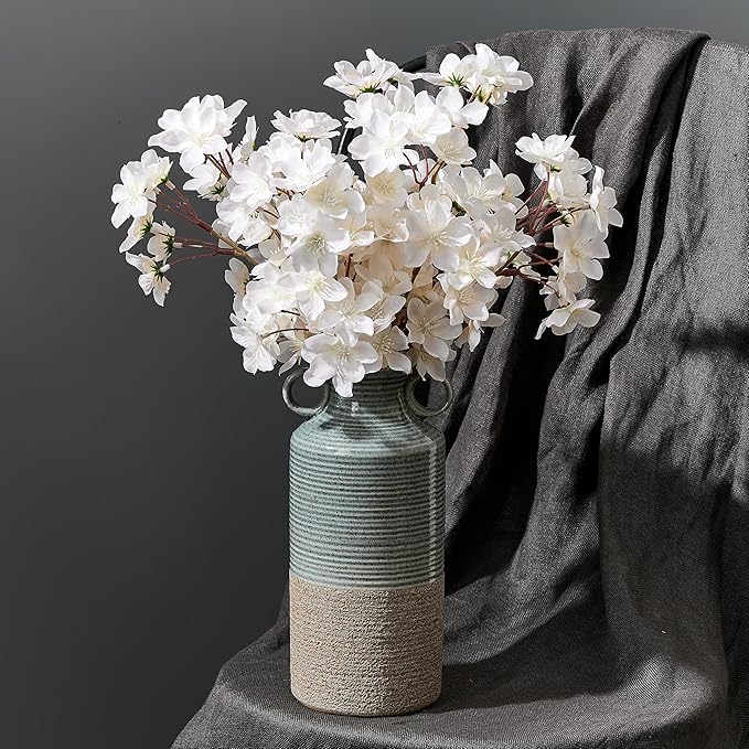 Blue and Brown Ceramic Rustic Vase with 2 Round Handles, Modern Farmhouse Flower Vase, Vintage Terracotta Vases for Home Decor, Wedding, Living Room, Table, Shelf Decor - 9.5 Inch Tall