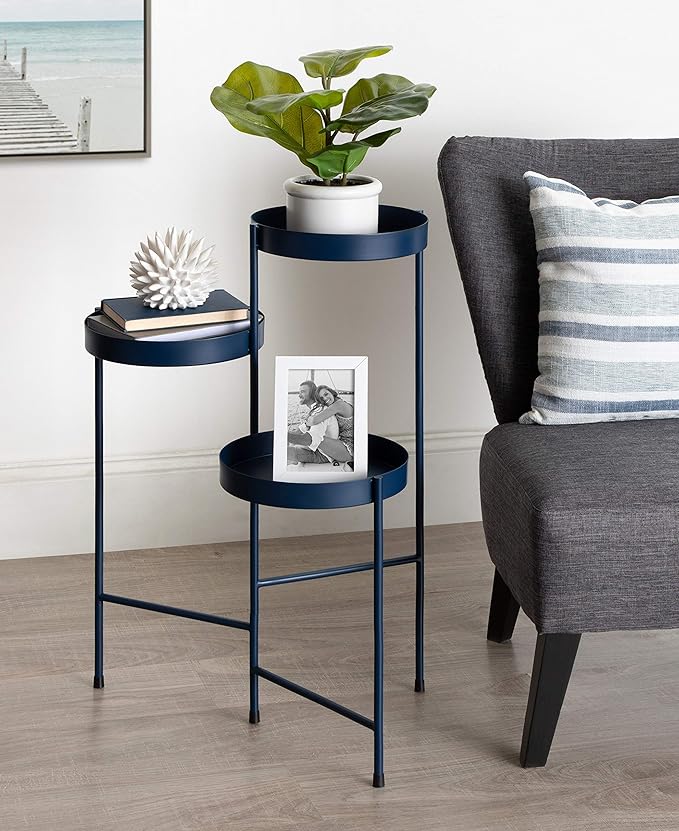 Kate and Laurel Finn Tri-Level Metal Plant Stand, 16" x 21" x 30", Navy Blue, Decorative Hinged Tray Stand Display