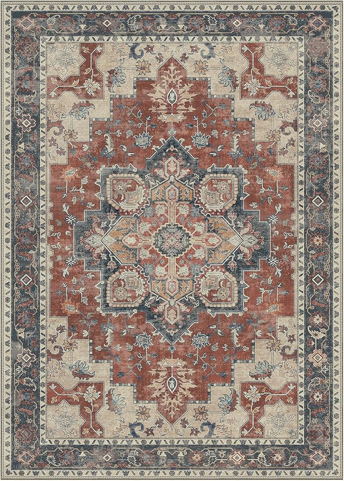 GENIMO 10x14 Area Rugs for Living Room, Machine Washable Non Slip Vintage Rugs, Low Pile Lightweight Chenille Print Rug for Bedroom, Dining Room, Home Office,Bordeaux