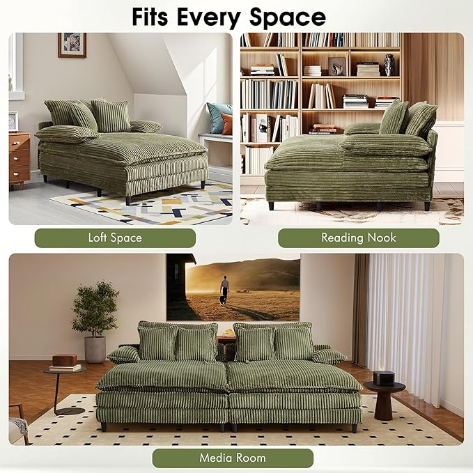 55" W Oversized Chaise Lounge Sofa Couch with 5-Position Adjustable Backrest, Corduroy Sleeper Chair Sofa Bed, Reading Chair ‌with Deep Seat, Cloud Couches for Living Room, Bedroom, Green