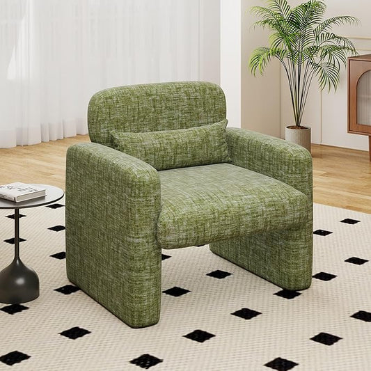 LSSPAID Modern Accent Chairs, Chenille Fabric Armchairs for Living Room, Comfy Upholstered Leisure Single Sofa Chair with Lumbar Pillow for Bedroom, Balcony, Office (Green, Set of 1)