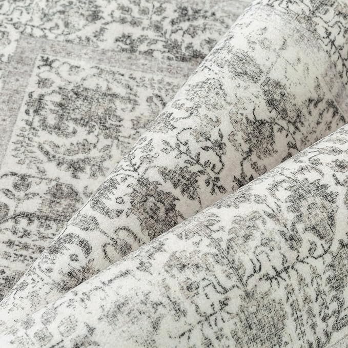 Black Area Rug 5x7 Machine Washable Vintage Living Room Distressed Non Slip Carpet Traditional Indoor Bedroom Retro Floral Accent Throw Large Rug Office Kitchen Bathroom Dining Room