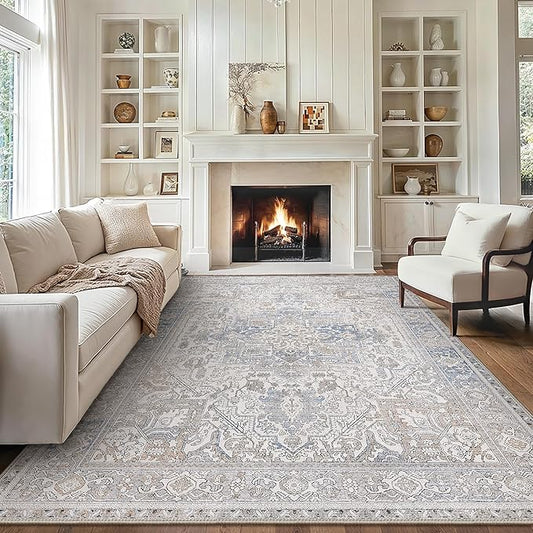 GENIMO 9x12 Area Rugs for Living Room, Machine Washable Non Slip Vintage Retro Rugs, Low Pile Lightweight Thin Print Rug for Bedroom, Dining Room, Home Office, Khaki Blue