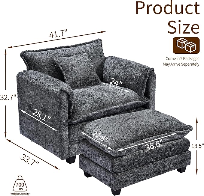 SweetGO corporation 42" Plush Single Sofa Accent Chair with Ottoman for Living Room/Bedroom, Modern Couch for Cozy Lounge Chair for Reading, Dark Gray