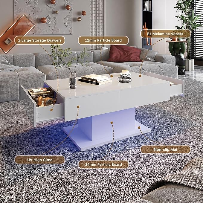 White Led Coffee Table with 2 Storage Drawers for Living Room, Living Room Table Rectangular Center Table, Modern High Glossy Wooden Coffee Tables with Lights for Dining Reception Room