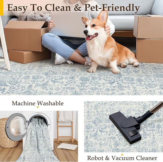 Blue Area Rug 3x5 Office Entryway Rug Machine Washable Kitchen Vintage Distressed Non Slip Carpet Indoor Retro Floral Accent Throw Door Mat for Bathroom Bedroom Dining Living Room