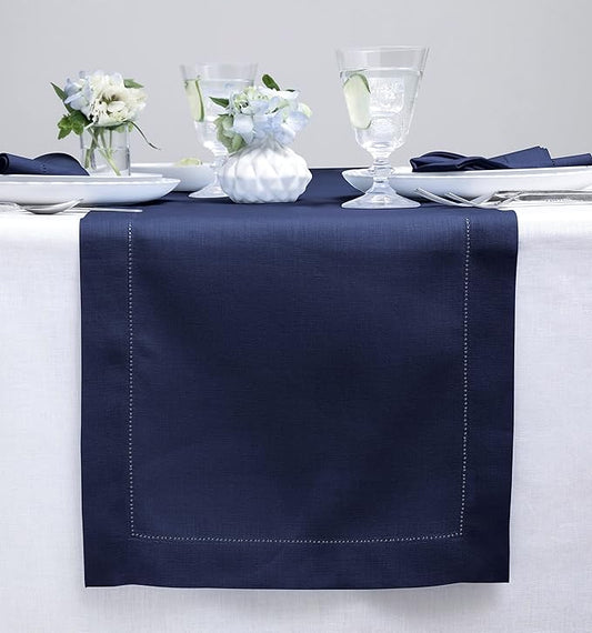 Solino Home Linen Navy Blue Table Runner 60 Inches - Classic Hemstitch, 100% Pure Linen Coffee Table Runner 14 x 60 Inch Ideal for Dresser Tables - Fall, Autumn, Halloween, Thanksgiving, Christmas