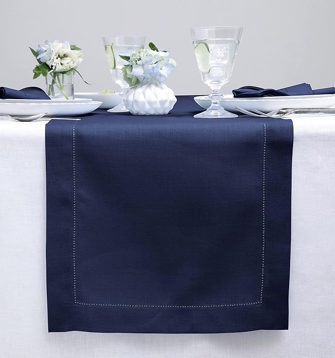 Solino Home Linen Navy Blue Table Runner 120 Inches Long - 100% Pure Linen Hemstitch 14 x 120 Inch Table Runner for Dining, Fall, Autumn, Thanksgiving, Christmas - Classic Hemstitch