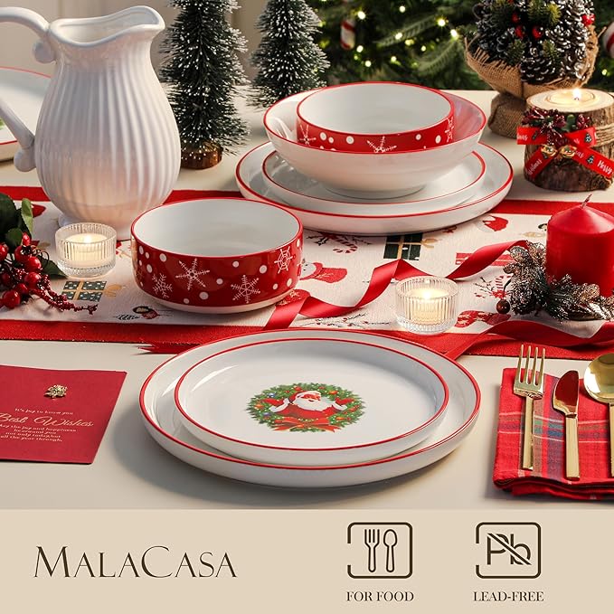 MALACASA Plates and Bowls Sets, 24 Pieces Christmas Porcelain Dinnerware Set for 8, Ceramic Dishware Dishes White Kitchen Dinner Dining Ware Set, Microwave and Dishwasher Safe, Series LUNA-Santa Claus