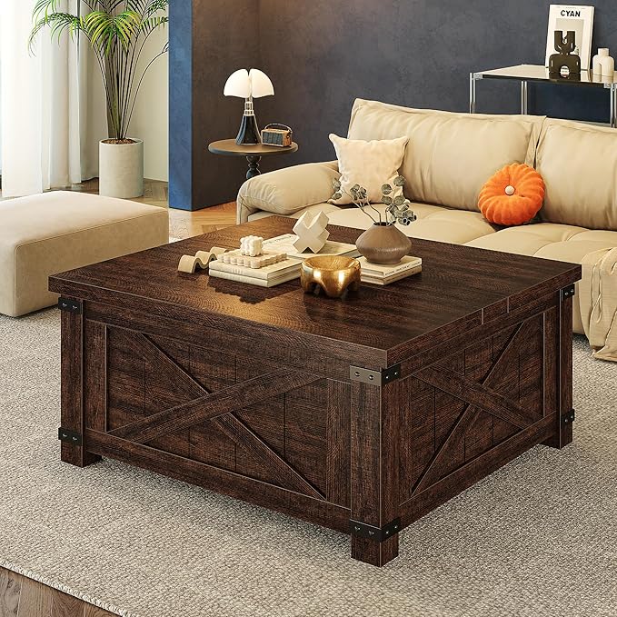 EnHomee Lift Top Coffee Table with Storage, 35.7" W Square Coffee Tables for Living Room, Small Coffee Table with Large Hidden Space, for Living Room, Bedroom, Home Office, Brown