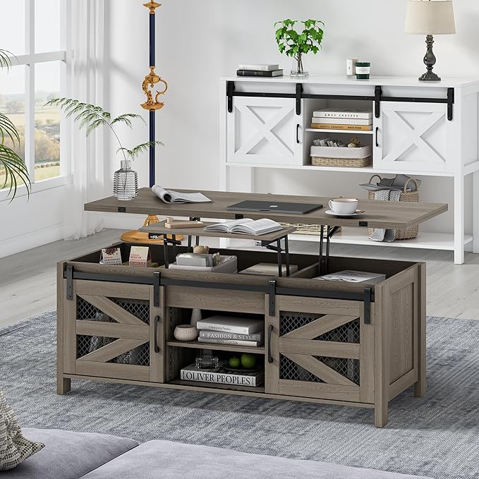 47.2" Lift Top Coffee Table, 4 in 1 Farmhouse Coffee Table with Storage and Sliding Barn Doors, Coffee Tables for Living Room, Dining Room (Grey)