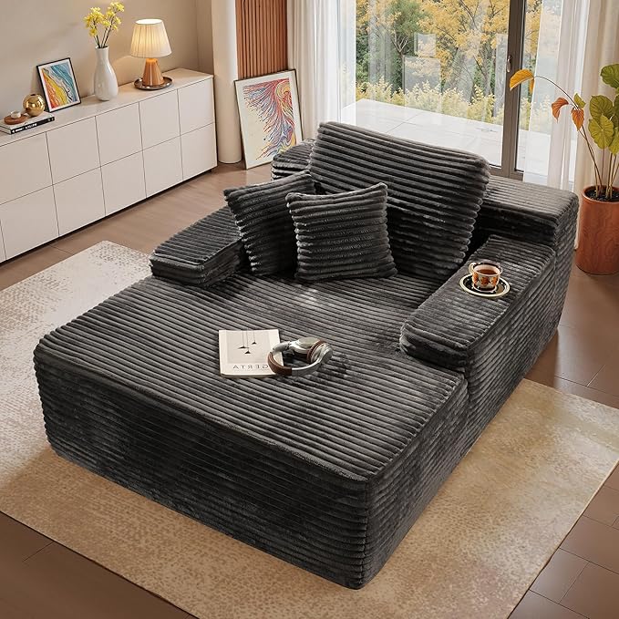 Chaise Lounge Chair Indoor, 67" Oversized Comfy Plush Fur Sleeper Sofa Bed, Boneless Upholstered Recliner Bed with Pillows and Wide Armrests, Modern Cloud Couch for Living Room, Grey