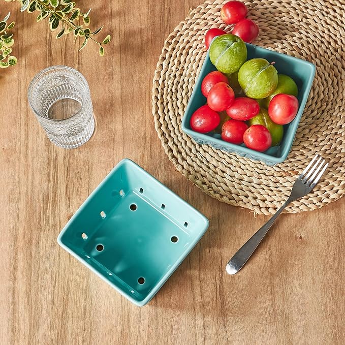 ONEMORE Berry Basket Ceramic Berry Bowls with Holes Square Fruit Bowl Berry Colander Containers for Fridge - 5.8" Fruit Basket for Kitchen Décor, Set of 2, Mint Green