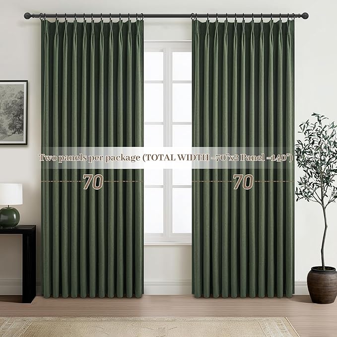 Curtains 70 Inch Length Extra Wide Pinch Pleated Black Out 84 Inch Long for Living Room, Olive Green Linen Thick Sliding Glass Door Heavy Duty Insulated Large Window Drapes (70"Wx84"Lx 2Panels Loden)