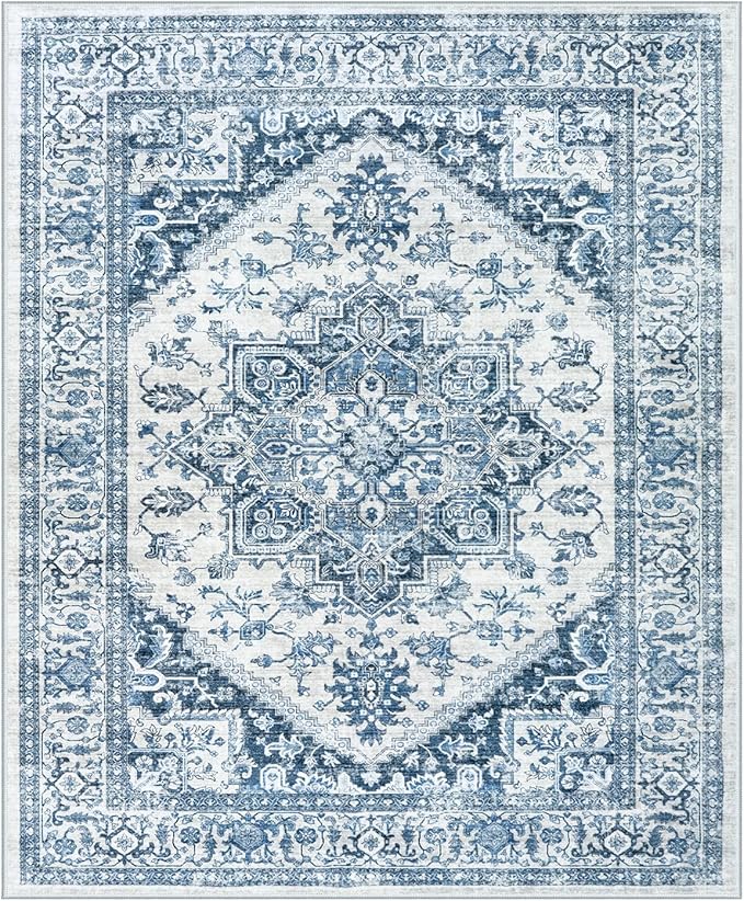 LIVEBOX Blue Washable Area Rug 8x10 - Large Vintage Tribal Living Room Rug Oriental for Bedroom, Non-Slip Retro Medallion Carpet Print Distressed for Dining Room Guest Office