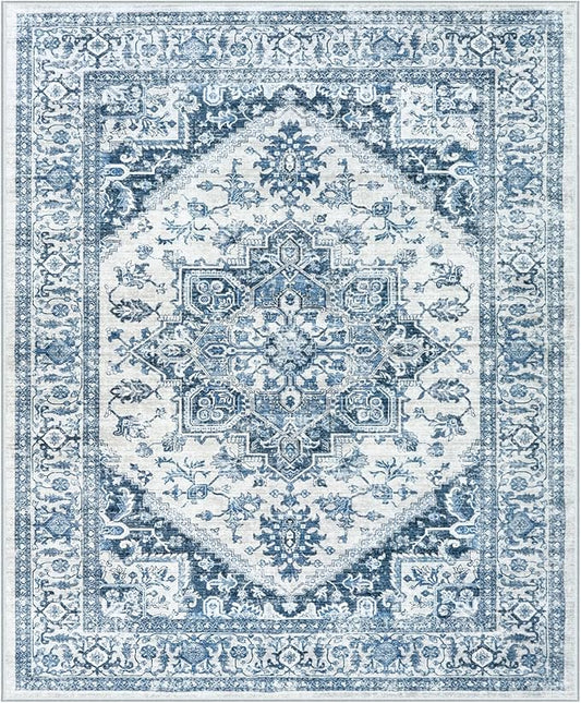 LIVEBOX Blue Washable Area Rug 8x10 - Large Vintage Tribal Living Room Rug Oriental for Bedroom, Non-Slip Retro Medallion Carpet Print Distressed for Dining Room Guest Office