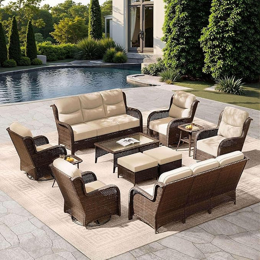 HILLGA Luxury Patio Furniture Set with 6-Inch Thick Cushions, High Back Outdoor Swivel Rocker Chairs and Patio Couch, 11-Piece All Weather Conversation Set for Porch Deck Pool Yard, Beige (V3)