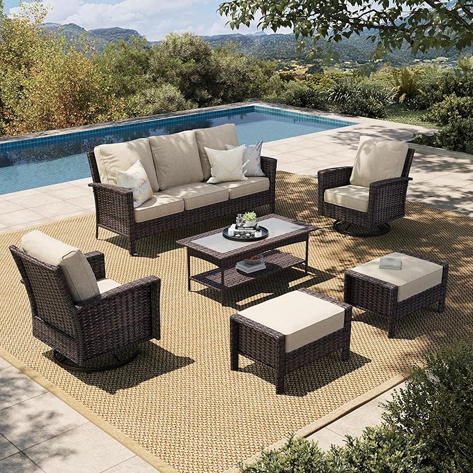 HERA'S HOUSE Patio Furniture Set with 35" High Back Swivel Chairs, Outdoor Wicker Conversation Sofa Sets, 5.5" Thick Cushions for Deck Lawn Poolside Backyard, Beige