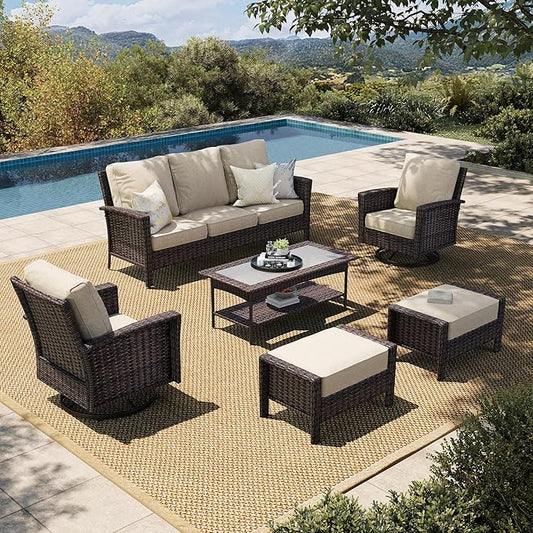 HERA'S HOUSE Patio Furniture Set with 35" High Back Swivel Chairs, Outdoor Wicker Conversation Sofa Sets, 5.5" Thick Cushions for Deck Lawn Poolside Backyard, Beige