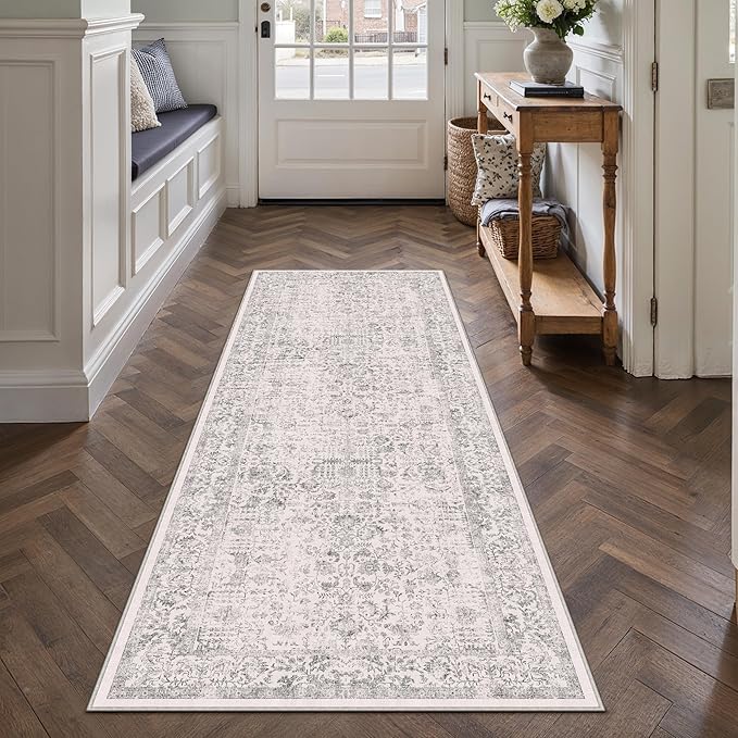 Gray Runner Rug 2x7 Hallway Machine Washable Kitchen Vintage Distressed Non Slip Long Carpet Indoor Grey Retro Floral Bedroom Accent Throw Rug for Bathroom Office Laundry Dining Living Room