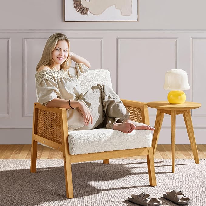 Yaheetech Boucle Fabric Accent Chair, Vintage Rattan Vanity Chair with Wood Armrest and Legs for Living Room Bedroom Makeup Room, Ivory 1