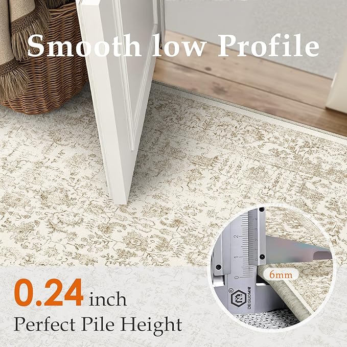 Light Brown Area Rug 8x10 Machine Washable Large Vintage Living Room Distressed Non Slip Carpet Traditional Indoor Bedroom Retro Floral Accent Throw Rug for Office Kitchen Dining Room