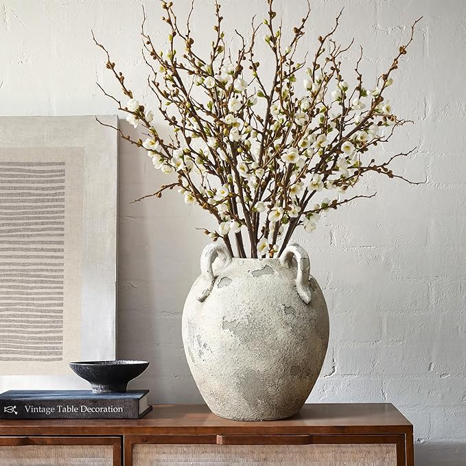 LuxenHome Rustic Ceramic Vase,11'' Gray and White Round Vase,Terracotta Large Flower Vases with Handles for Living Room Home Decor,Vintage Pottery Tall Vases Home Décor Accents