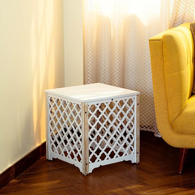 JFY Designs Carved Wooden Square Side Table Decorative Coffee Side Entryway Bedside|Modern Home Decor Table|Accent Table Living Room, Bedroom, Office|Hand Carved Farmhouse Rustic End Table 16-inch