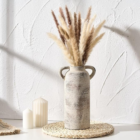 Ceramic Rustic Vase for Home Decor, Terracotta Vase with Handles, Handcrafted Vintage Decorative Flower Vase for Farmhouse, Living Room, Table, Fireplace, Nightstand