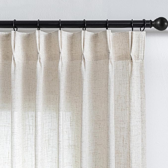 MYSKY HOME Linen Curtains for Sliding Door 96 Inches Long, Farmhouse Semi Sheer Ceiling Curtains Living Room Light Filtering Pinch Pleated Elegant Style Soft Fabric, 40" x 96", Linen, 2 Panels