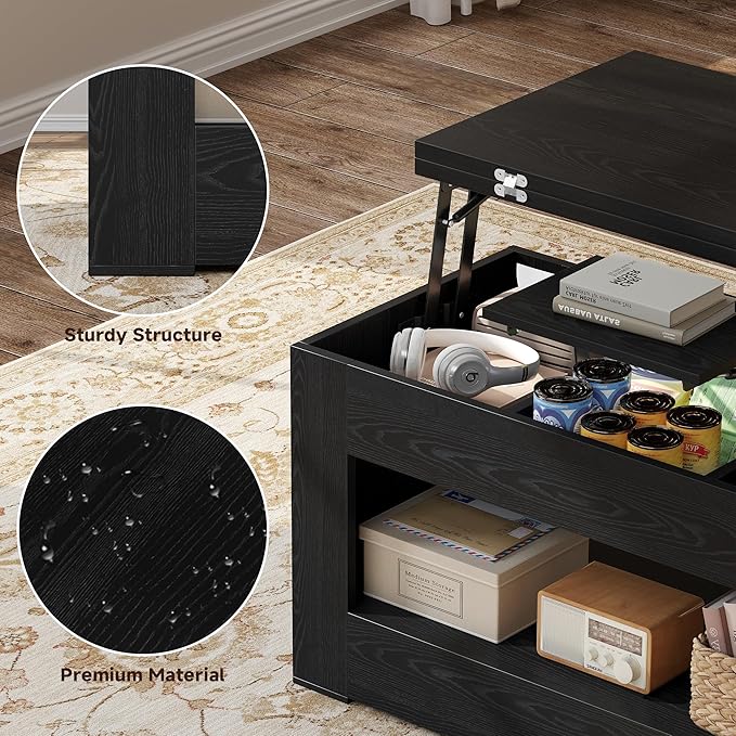 40" Lift Top Coffee Table, 4 in 1 Multi-Function Lift Coffee Tables with Storage and Hidden Compartment, Convertible Coffee Table to Dining Table for Living Room, Black