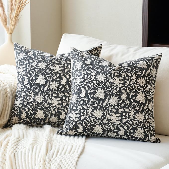 Floral Throw Pillow Covers 18x18 Farmhouse Block Print Pillow Covers Decorative Pillow Covers Couch Pillows for Living Room Vintage Accent Sofa Pillows Set of 2, Black