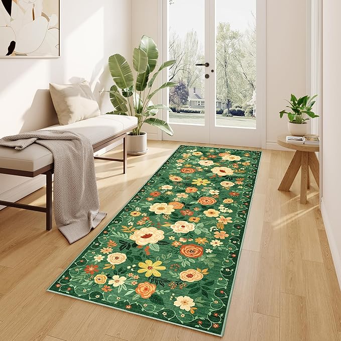 DUKINO 2x6 Runner Rug for Hallway, Washable Kitchen Runner Rug with Non Slip Backing, Low Pile Soft Boho Floral Runner for Kitchen, Hallway, Entryway, Laundry, Bedroom, Dark Green
