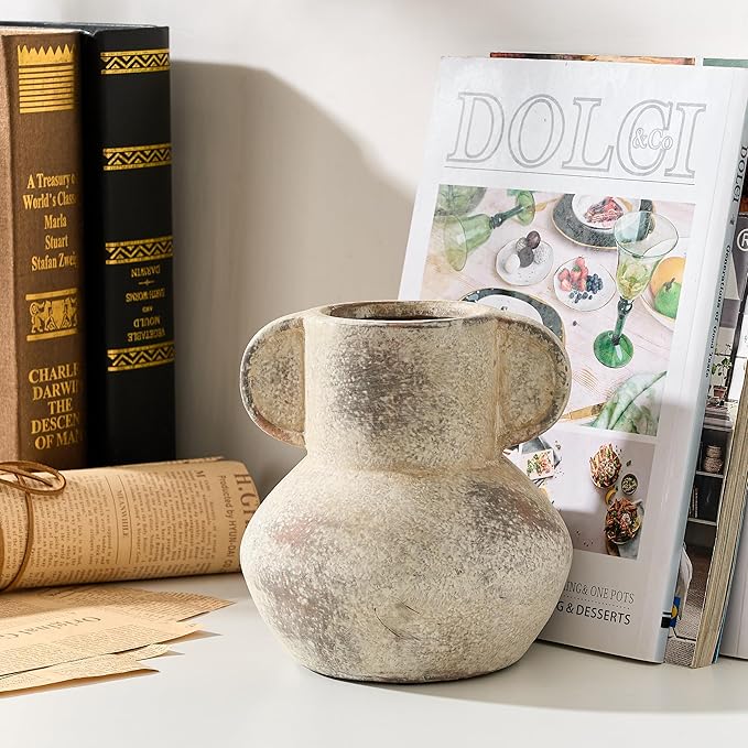 Antique Ceramic Vase with 2 Handles, 6.1 Inch Farmhouse Rustic Vase, Small Decorative Pottery Flower Vases for Home Decor, Wedding, Living Room, Table, Shelf Decor, Terra
