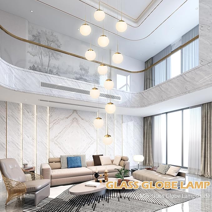 KoKo&Yukina 12-Light Gold Mid Century Modern Chandelier for Living Room Staircase Chandelier for Entryway Globe Milky White Glass Pendant Light High Ceiling Chandeliers Foyer (Bulb & Remote Incl.)