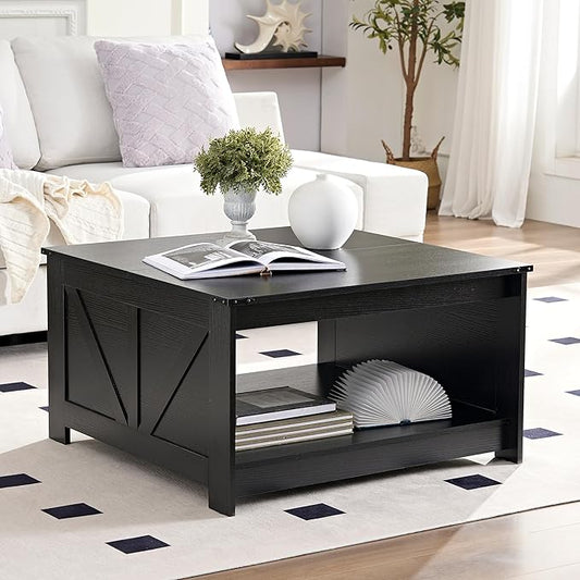 Farmhouse Coffee Table for Living Room, Wood Square Coffee Tables, 31.5" W x 31.5" D, Black