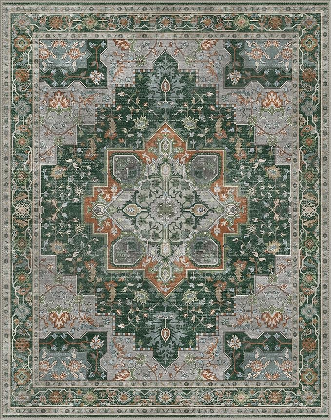 GENIMO 8x10 Area Rugs for Living Room, Machine Washable Non Slip Vintage Rugs, Low Pile Lightweight Chenille Print Rug for Bedroom, Dining Room, Home Office,Pine Green