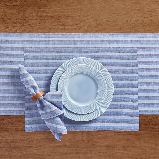 Solino Home Linen Cloth Placemats Set of 4 - Amalfi Stripe 100% Pure Linen Bistro Blue Farmhouse Placemats 14 x 19 Inch