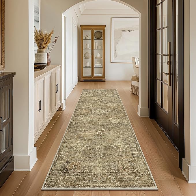 GENIMO 2X5 Hallway Runner Rug, Machine Washable Non Slip Vintage Floral Patchwork Runners, Thin Low Pile Chenille Carpet Runners for Entryway, Kitchen, Bathroom, Bedroom, Straw