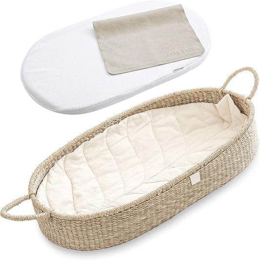 BEBE BASK Premium Baby Changing Basket - Artisan-Crafted Seagrass With Extra High Sides - Changing Basket for Baby Dresser - All Accessories Included - Complete Set for Nursery (Natural)
