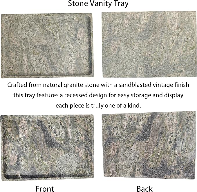 Large Stone Granite Vanity Tray 12 x 8 in - Rectangular Sand-Blasted Non-Slip Organizer with Grooved Edge, Vintage Catchall for Bathroom, Kitchen, Entryway & Bedroom (Imperial Green)