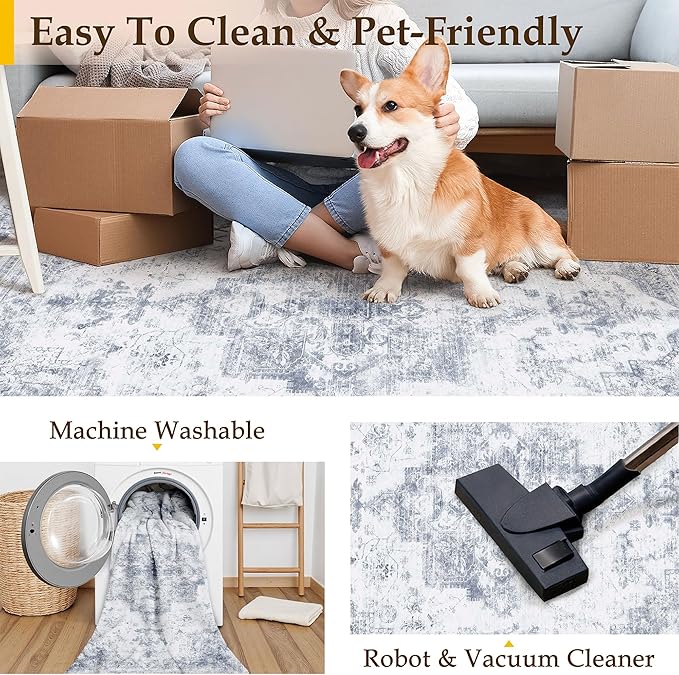 Area Rug 5x7 Washable Blue Rug Vintage Boho Medallion Large Distressed Retro Carpet for Living Room Non Slip Indoor Low Pile Small Soft Bedroom Dining Room Home Office