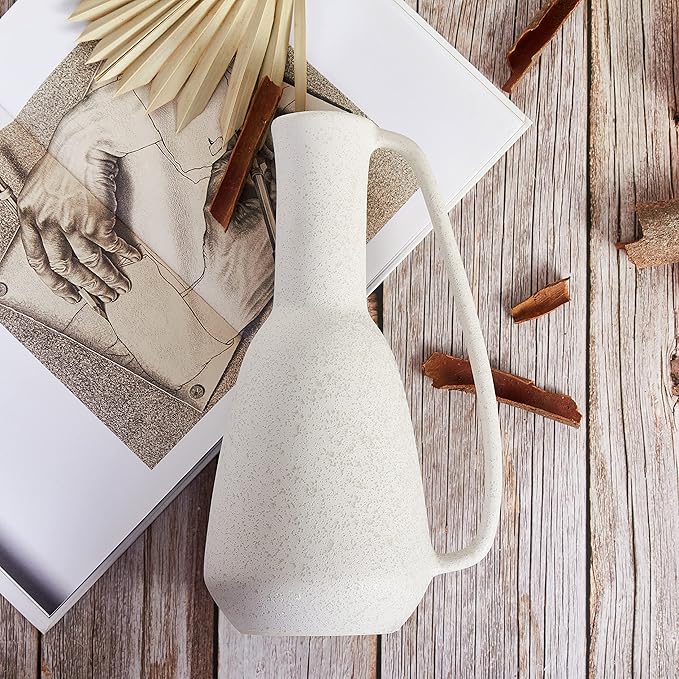 BlossoME Ceramic White Vase 12 inch Tall with Handle Matte Glazed Pottery Vessel Rustic Stoneware Table Decor Neutral Clay Jug Centerpiece Slender Shelf Book Pitcher Decor Flower Vessel